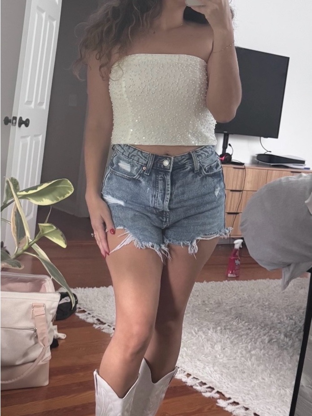 Abercrombie & Fitch Ivory Beaded Strapless Crop Top